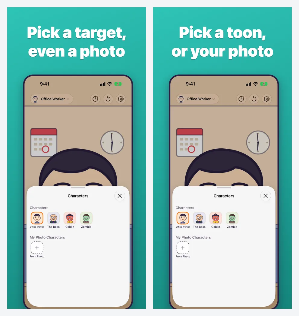Pop Punch English screenshot 4 before and after. The left caption reads Pick a target, even a photo; the right one reads Pick a toon, or your photo. The app screen below is the same.