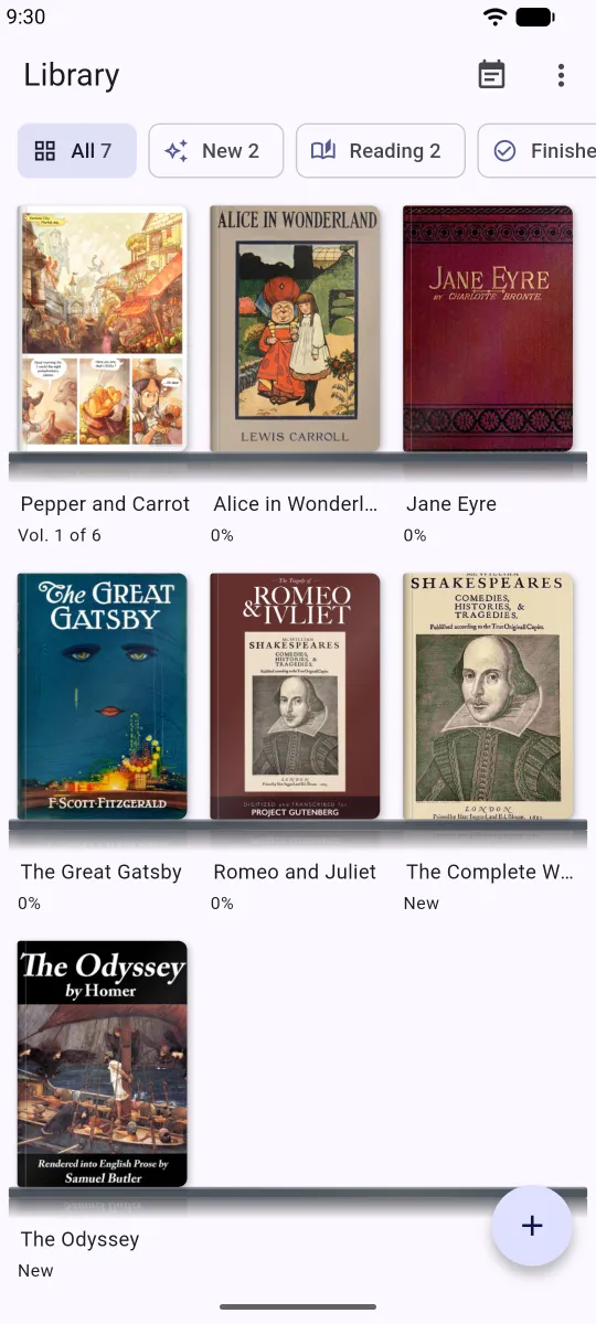The Modu Viewer library, with comic and novel covers on the shelf