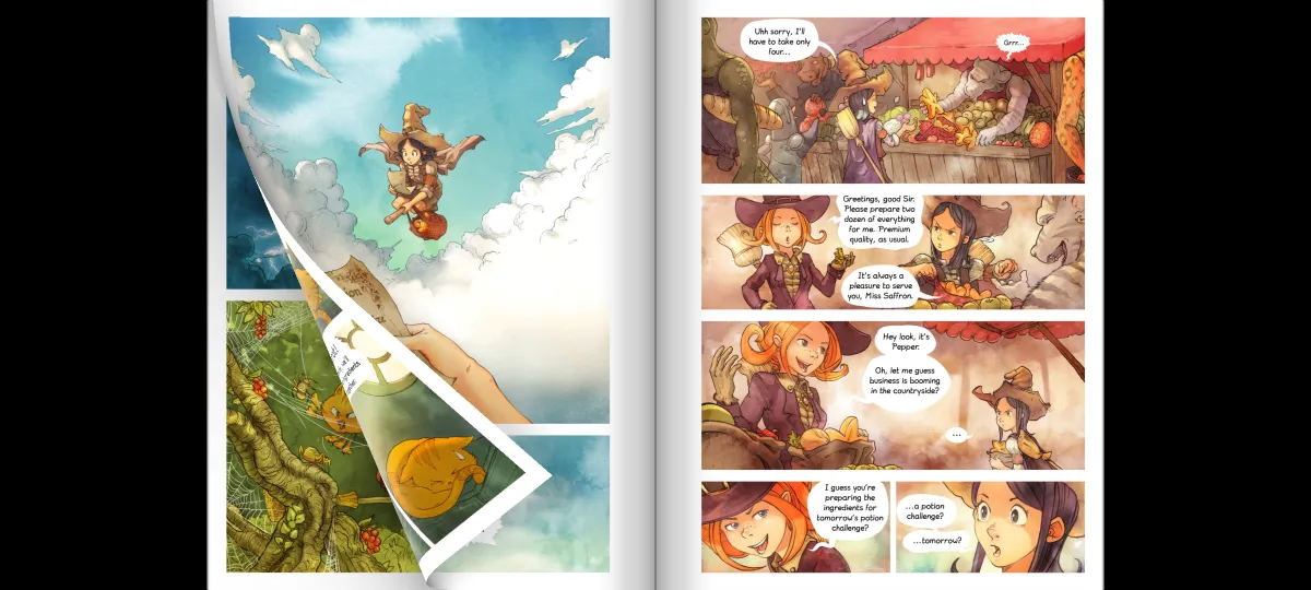 A two-page comic spread in landscape, the right page curling over like paper