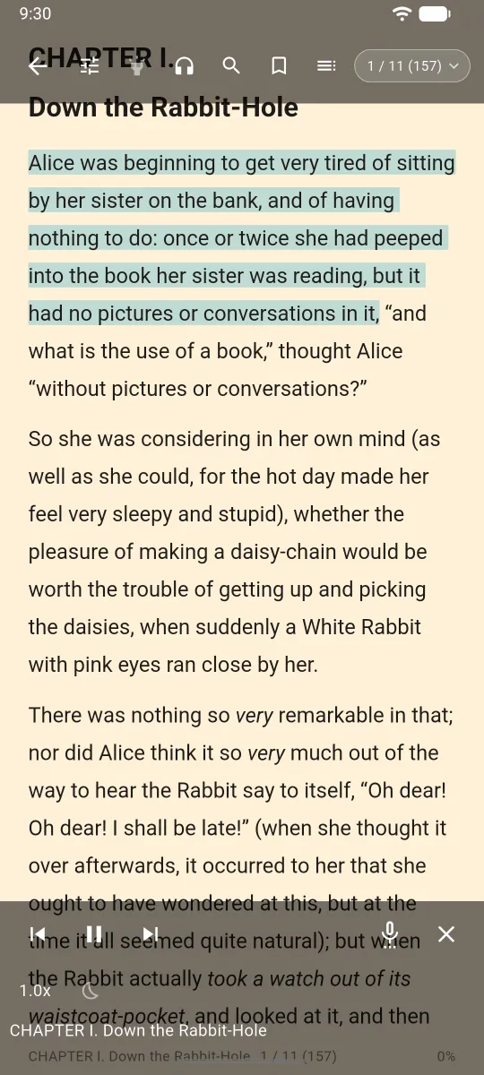 Read-aloud highlighting the sentence being read, with playback controls at the bottom