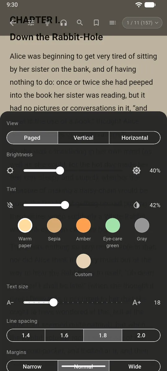 Reader settings over a novel: page or scroll mode, brightness, tint, paper color, text size and line spacing