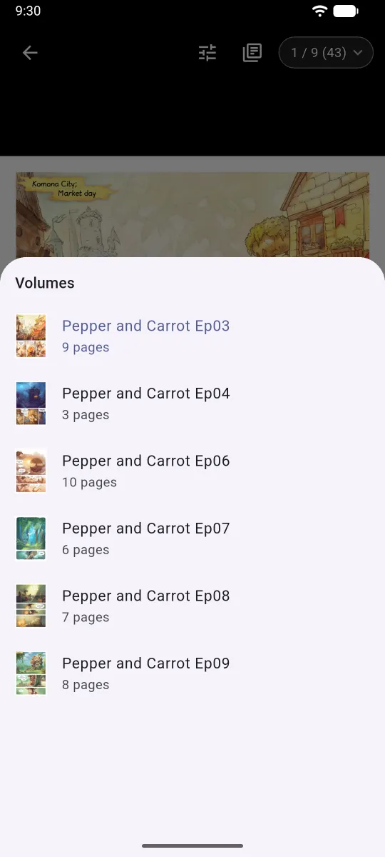 A Pepper&Carrot archive split into volumes, one per episode