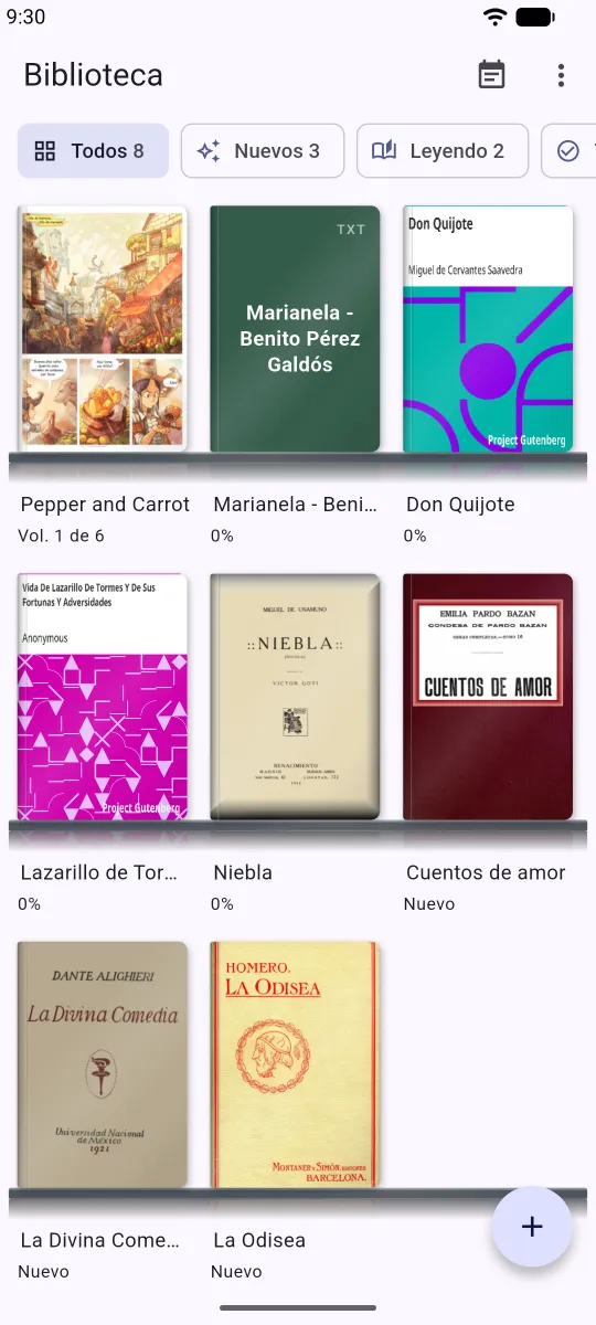 Biblioteca de Modu Viewer con portadas de cómics y novelas