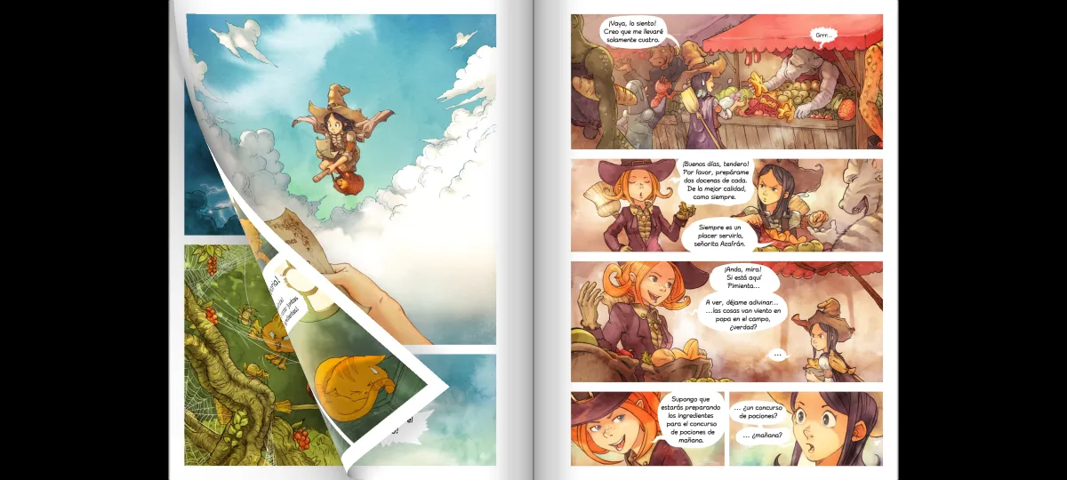 Cómic a doble página en horizontal, con la página derecha doblándose como el papel