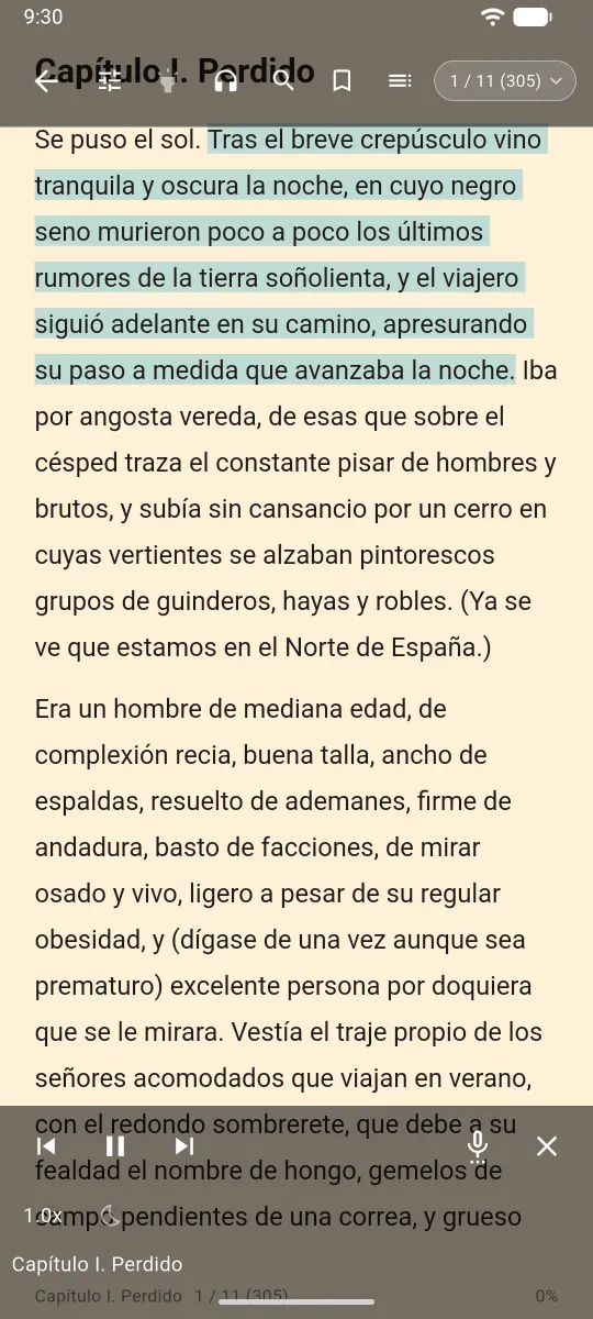 Lectura en voz alta con la frase actual resaltada y los controles de reproducción abajo