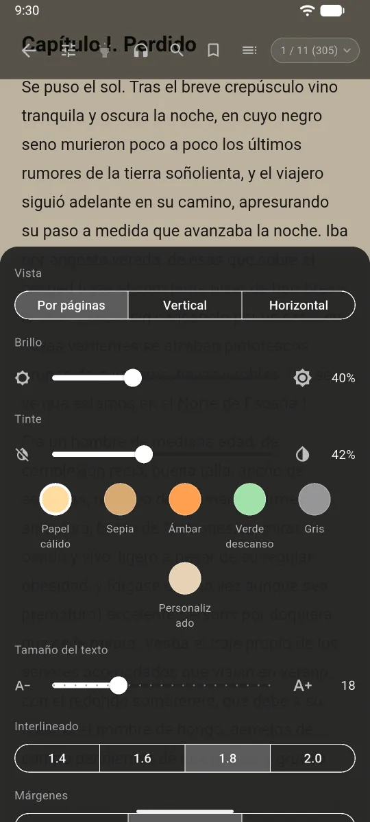 Ajustes de lectura sobre una novela: modo de página, brillo, tinte, color del papel, tamaño de letra e interlineado