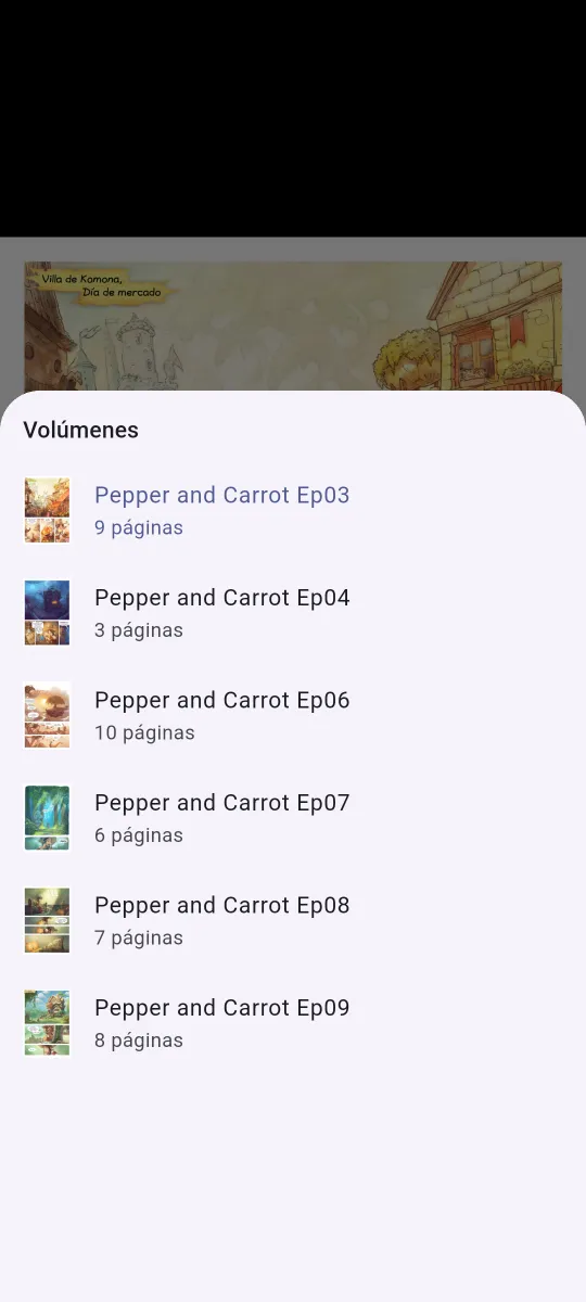 Un archivo de Pepper&Carrot separado en tomos, uno por episodio