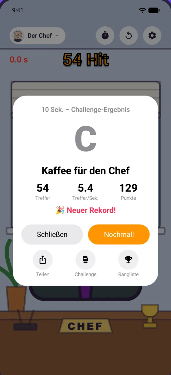 Ergebniskarte einer 10-Sekunden-Challenge mit Note, Titel, Treffern, Treffern pro Sekunde, Punkten und Schaltflächen für Teilen, Challenge und Rangliste