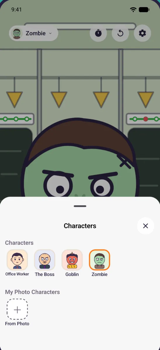 The character picker: four built-in characters and a button to add one from a photo
