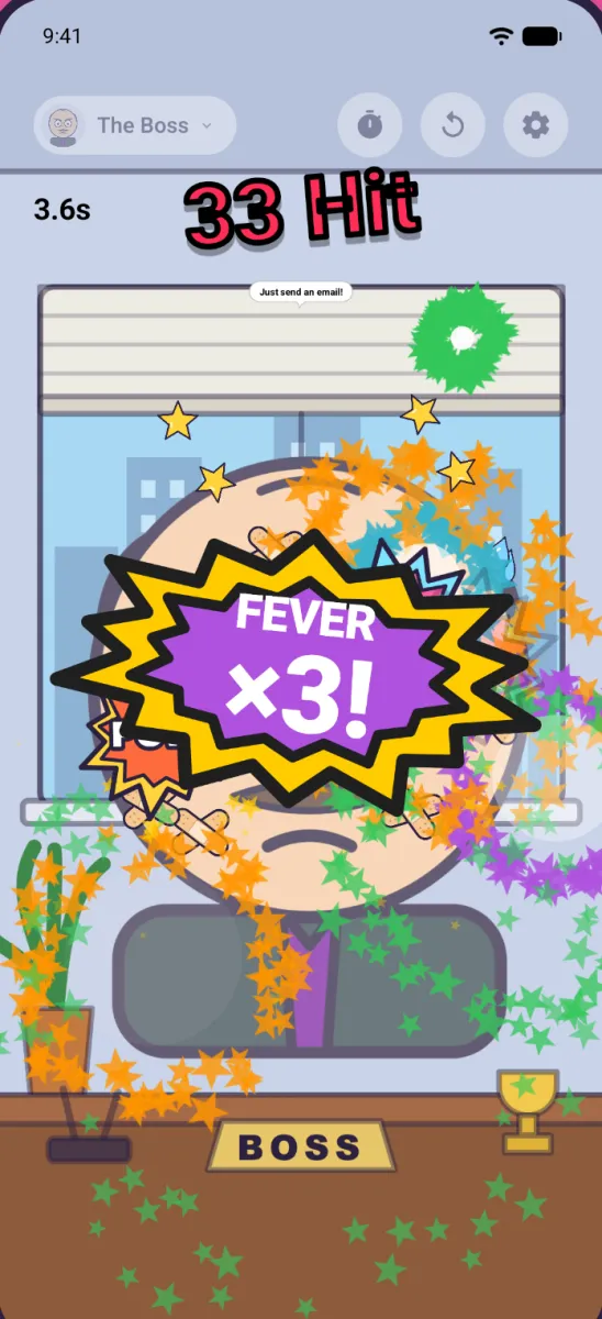 Fever Time: a 15 Hit counter with stars and POW! and POP! bursts while the score multiplier rises