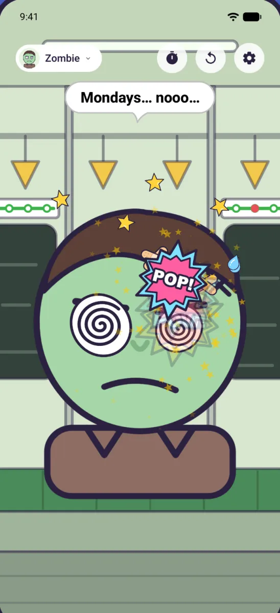 A zombie character with bandages and spiral eyes, a speech bubble above its head