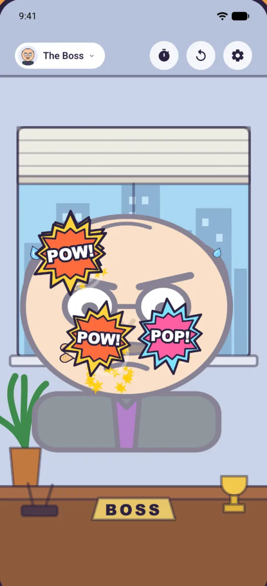 The Pop Punch play screen: tapping the boss character sets off POW! bursts