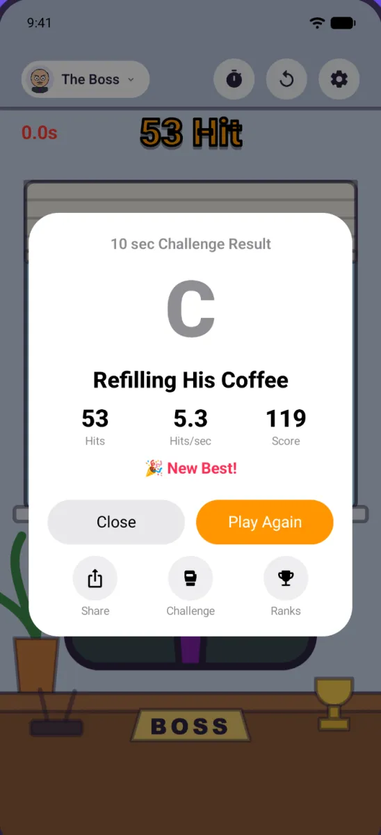A 10-second challenge result card with a grade, a title, hits, hits per second, score and share, challenge and leaderboard buttons