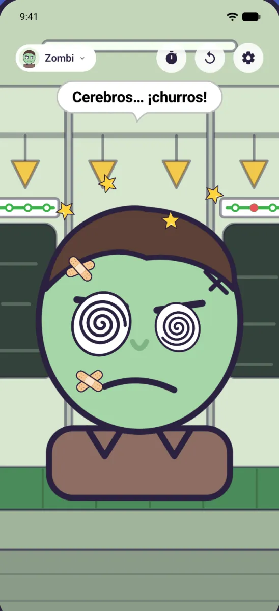 Un zombi con vendas y ojos en espiral, con un bocadillo de texto sobre la cabeza