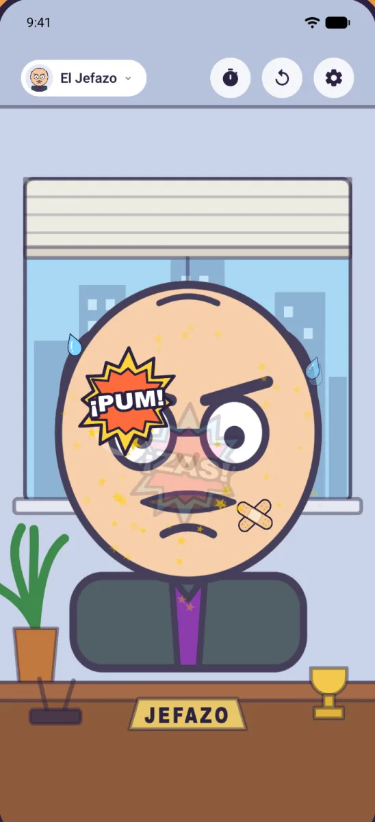 La pantalla de juego de Pop Punch: al tocar al jefe estallan efectos de ¡PUM!