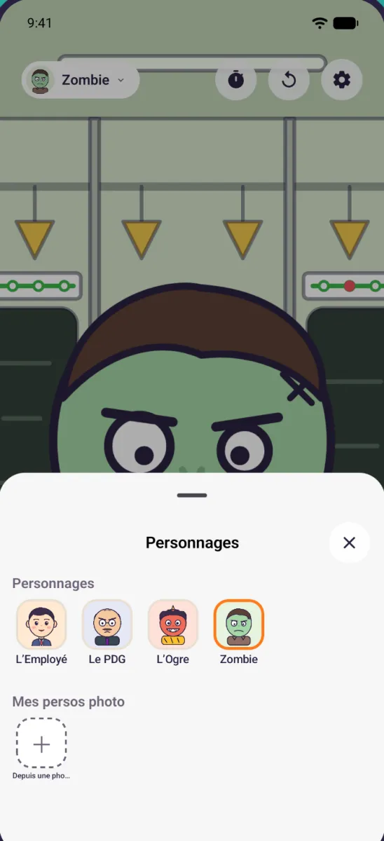 Le sélecteur de personnages : quatre personnages fournis et un bouton pour en ajouter un à partir d'une photo
