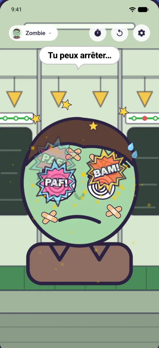 Un zombie avec des pansements et des yeux en spirale, une bulle de dialogue au-dessus de la tête