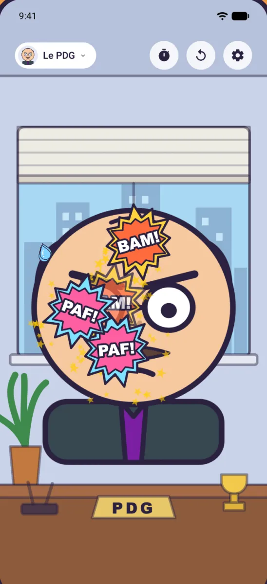 L'écran de jeu de Pop Punch : en tapant sur le patron, des effets BAM ! éclatent