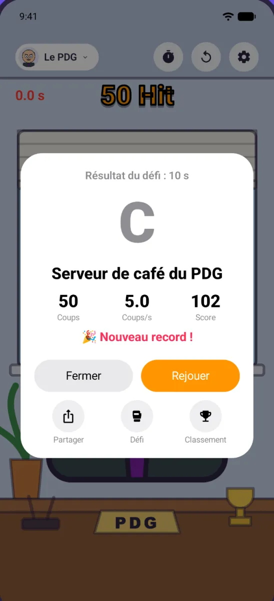 Carte de résultat d'un défi de 10 secondes : note, titre, coups, coups par seconde, score et boutons de partage, de défi et de classement