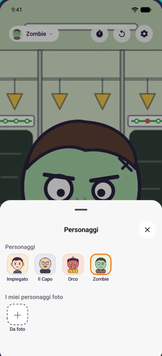 La scelta del personaggio: quattro personaggi inclusi e un pulsante per aggiungerne uno da una foto