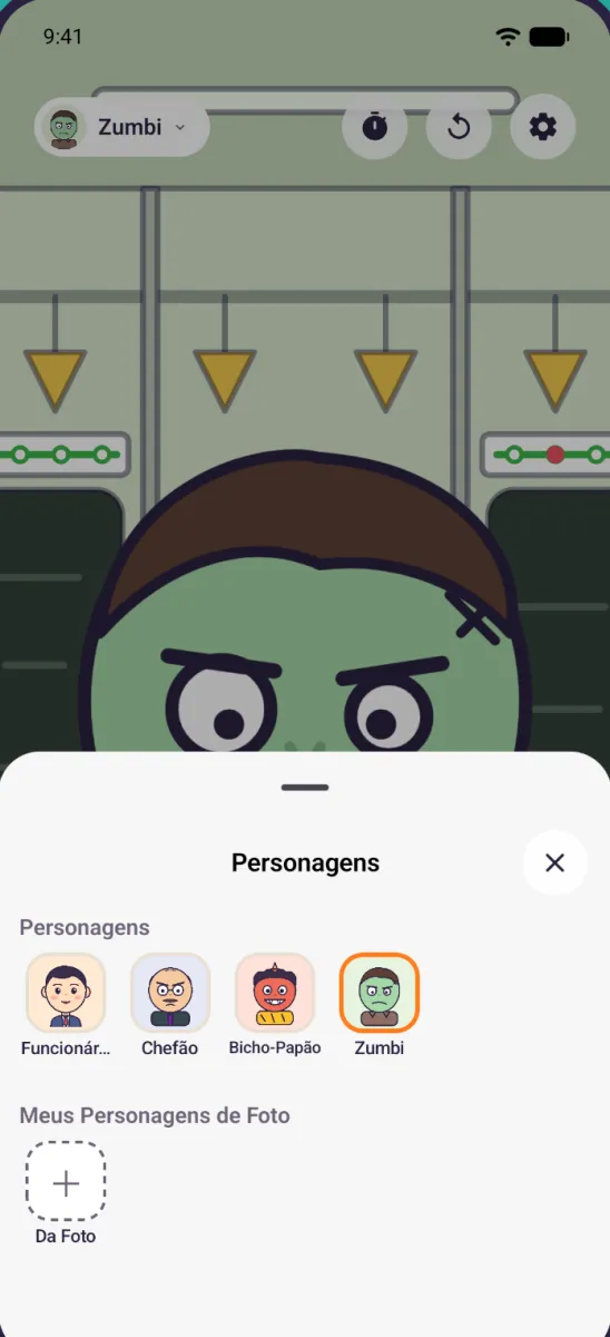 A escolha de personagem: quatro personagens inclusos e um botão para adicionar um a partir de uma foto